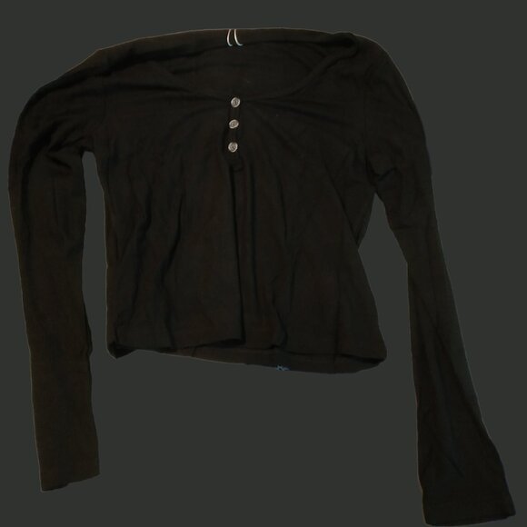 V Neck Long-Sleeve Henley Crop Top, Black - Picture 6 of 8